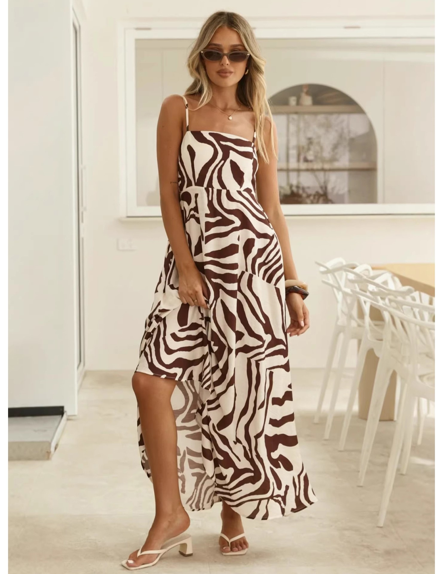 FCSE6806002 Zebra Print French High-Waisted Resort Maxi Dress for Women