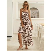 FCSE6806002 Zebra Print French High-Waisted Resort Maxi Dress for Women