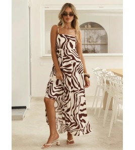 FCSE6806002 Zebra Print French High-Waisted Resort Maxi Dress for Women