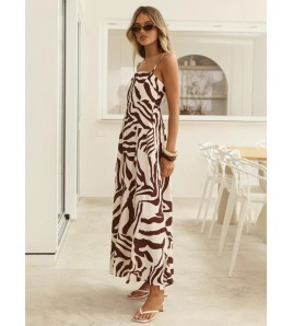 FCSE6806002 Zebra Print French High-Waisted Resort Maxi Dress for Women
