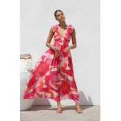 FCSE6820001 Floral V-neck Full Swing Spaghetti Strap Long Dress for Women