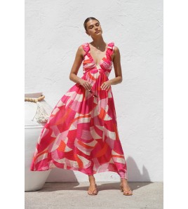 FCSE6820001 Floral V-neck Full Swing Spaghetti Strap Long Dress for Women