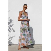 FCSE6820001 Floral V-neck Full Swing Spaghetti Strap Long Dress for Women