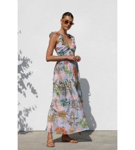 FCSE6820001 Floral V-neck Full Swing Spaghetti Strap Long Dress for Women