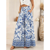 FCSE6821001 Brand New Casual Pants, Tropical Print, Loose Fit, Plus Size Women's Wide Pants