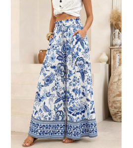 FCSE6821001 Brand New Casual Pants, Tropical Print, Loose Fit, Plus Size Women's Wide Pants