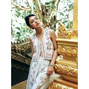 FCSE6830001 Resort Style Printed V-Neck Top and Wide-Leg Pantsn