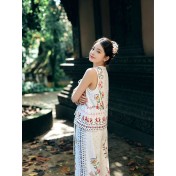 FCSE6830001 Resort Style Printed V-Neck Top and Wide-Leg Pantsn