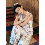 FCSE6830001 Resort Style Printed V-Neck Top and Wide-Leg Pantsn