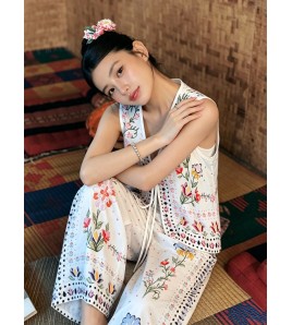 FCSE6830001 Resort Style Printed V-Neck Top and Wide-Leg Pantsn