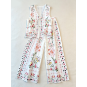 FCSE6830001 Resort Style Printed V-Neck Top and Wide-Leg Pantsn