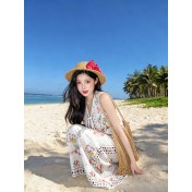 FCSE6830001 Resort Style Printed V-Neck Top and Wide-Leg Pantsn