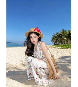 FCSE6830001 Resort Style Printed V-Neck Top and Wide-Leg Pantsn