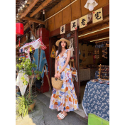FCSE61001001 Deep V-Neck Suspender Dress Ruffled Short Sleeve Seaside Resort Style Dress