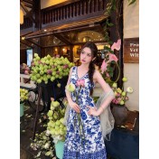 FCSE61001002 Retro Resort Style Blue and White Porcelain Print Sleeveless Dress