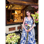 FCSE61001002 Retro Resort Style Blue and White Porcelain Print Sleeveless Dress