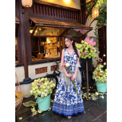 FCSE61001002 Retro Resort Style Blue and White Porcelain Print Sleeveless Dress