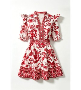 FCSE6902001 Stunning Red Floral Mini Dress | Vacation Ready
