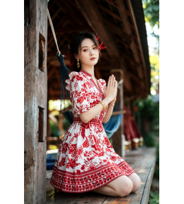 FCSE6902001 Stunning Red Floral Mini Dress | Vacation Ready