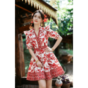 FCSE6902001 Stunning Red Floral Mini Dress | Vacation Ready