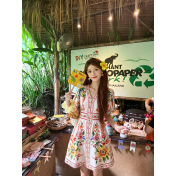 FCSE6902002 New Women's V-neck Short-sleeved Printed Dress with Waist-cinching Casual Resort Maxi Dress