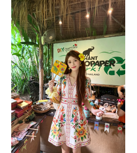FCSE6902002 New Women's V-neck Short-sleeved Printed Dress with Waist-cinching Casual Resort Maxi Dress