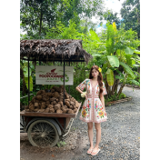 FCSE6902002 New Women's V-neck Short-sleeved Printed Dress with Waist-cinching Casual Resort Maxi Dress