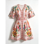 FCSE6902002 New Women's V-neck Short-sleeved Printed Dress with Waist-cinching Casual Resort Maxi Dress