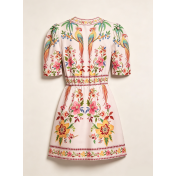 FCSE6902002 New Women's V-neck Short-sleeved Printed Dress with Waist-cinching Casual Resort Maxi Dress