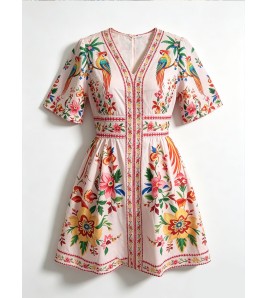 FCSE6902002 New Women's V-neck Short-sleeved Printed Dress with Waist-cinching Casual Resort Maxi Dress