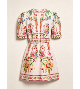 FCSE6902002 New Women's V-neck Short-sleeved Printed Dress with Waist-cinching Casual Resort Maxi Dress