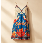 FCSE6903002 Fashionable Casual Printed V-Neck Slim Fit Camisole Dress