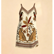 FCSE6903002 Fashionable Casual Printed V-Neck Slim Fit Camisole Dress