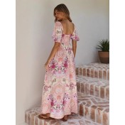 FCSE6907001 New Printed Bell Sleeve High Waist Full Skirt French Style Long Dress