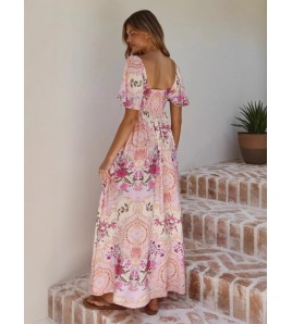 FCSE6907001 New Printed Bell Sleeve High Waist Full Skirt French Style Long Dress