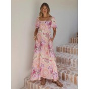 FCSE6907001 New Printed Bell Sleeve High Waist Full Skirt French Style Long Dress