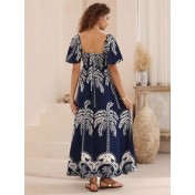 FCSE6907001 New Printed Bell Sleeve High Waist Full Skirt French Style Long Dress