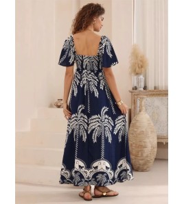 FCSE6907001 New Printed Bell Sleeve High Waist Full Skirt French Style Long Dress