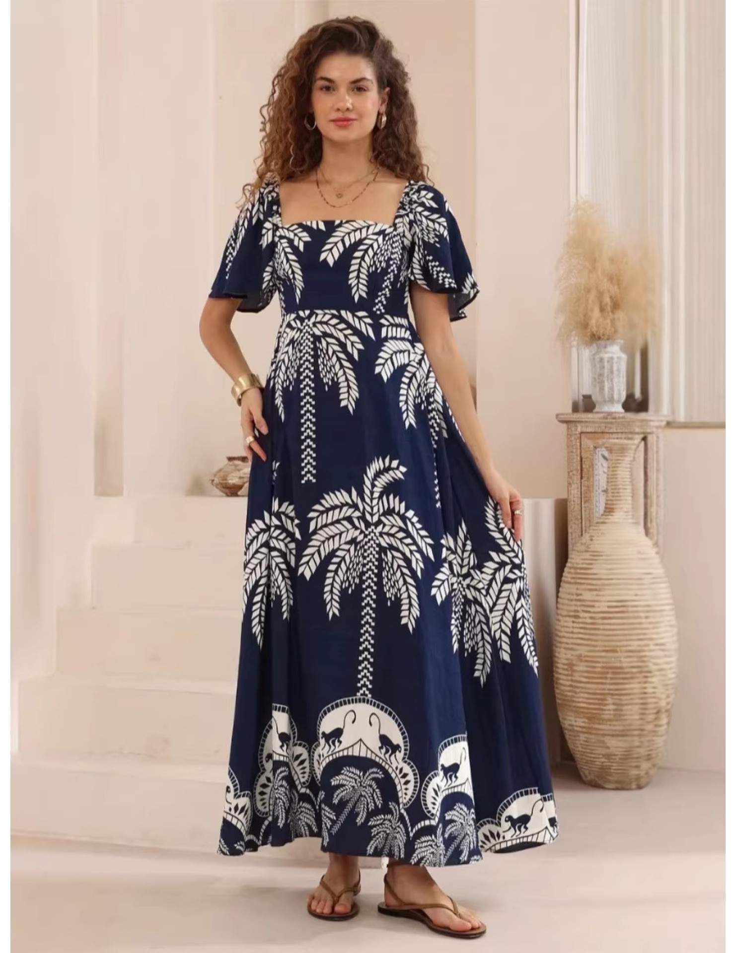 FCSE6907001 New Printed Bell Sleeve High Waist Full Skirt French Style Long Dress