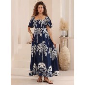 FCSE6907001 New Printed Bell Sleeve High Waist Full Skirt French Style Long Dress