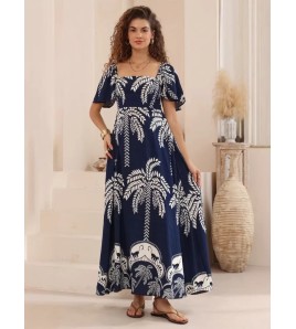 FCSE6907001 New Printed Bell Sleeve High Waist Full Skirt French Style Long Dress