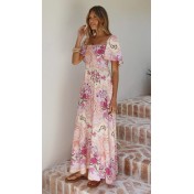 FCSE6907001 New Printed Bell Sleeve High Waist Full Skirt French Style Long Dress