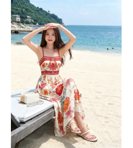 FCSE6909002 Elegant new printed long vacation dress with spaghetti straps