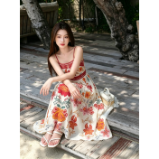 FCSE6909002 Elegant new printed long vacation dress with spaghetti straps