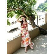 FCSE6909002 Elegant new printed long vacation dress with spaghetti straps
