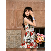 FCSE6921001 Floral Print Spaghetti Strap Dress Vacation Style Slim Fit Hollow Out Beach Skirt Mini Skirt