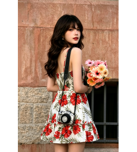 FCSE6921001 Floral Print Spaghetti Strap Dress Vacation Style Slim Fit Hollow Out Beach Skirt Mini Skirt