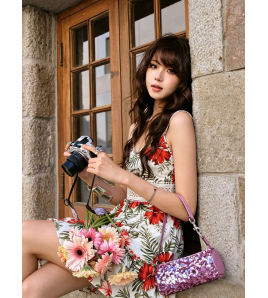 FCSE6921001 Floral Print Spaghetti Strap Dress Vacation Style Slim Fit Hollow Out Beach Skirt Mini Skirt