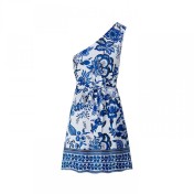 FCSE6928001 New Women's Sexy Off Shoulder Blue and White Porcelain Print Seaside Vacation Long Dress Strap Waist Dress