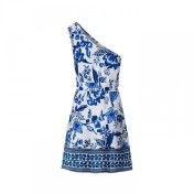 FCSE6928001 New Women's Sexy Off Shoulder Blue and White Porcelain Print Seaside Vacation Long Dress Strap Waist Dress